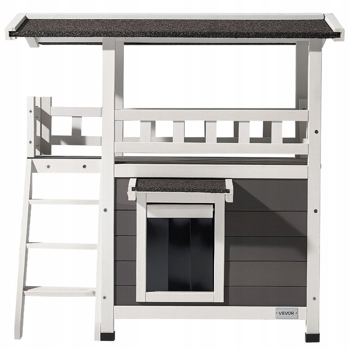 VEVOR TWO-TIER WOODEN CAT HOUSE WITH BALCONY AND STAIRS FOR