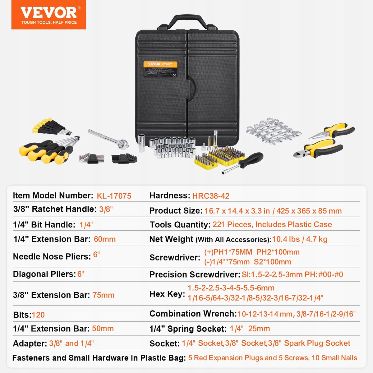 VEVOR 221-PIECE MECHANICAL TOOL SET 1/4 AND 3/8 INCH SOCKETS